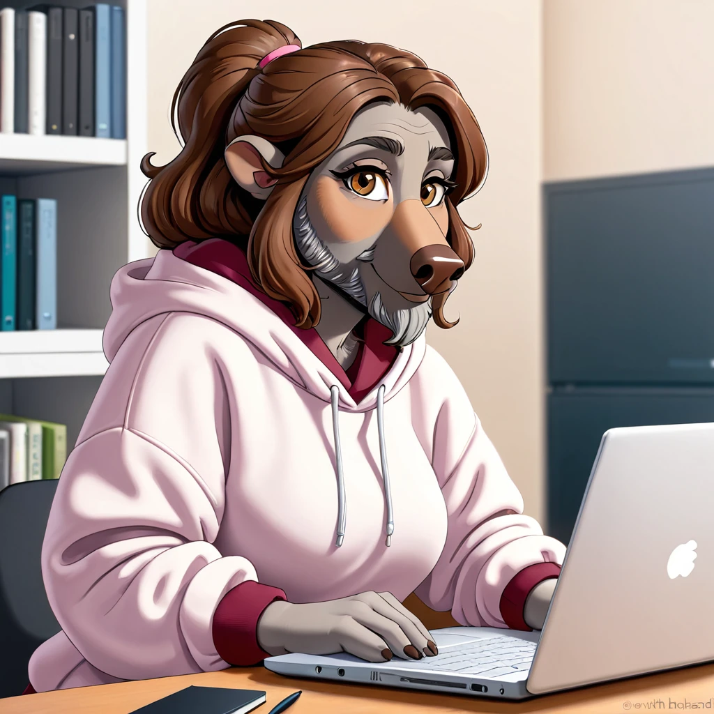 woman with a big gray beard, bobbed brown hair, hazel eyes, large rounded nose, behind her laptop, dressed in sweatshirt