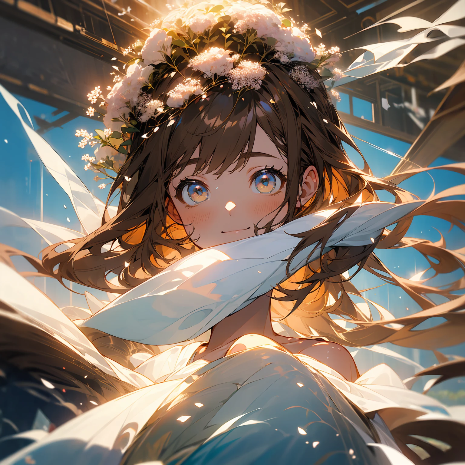(Beautiful and aesthetic:1.2)、(1 Girl:1.3)、(Brown color hair:1.2)、Wearing a wedding dress、White gypsophila、miracle、happinessそうなsmile、smile、happiness、Gypsophila in full bloom、Fantastic space、