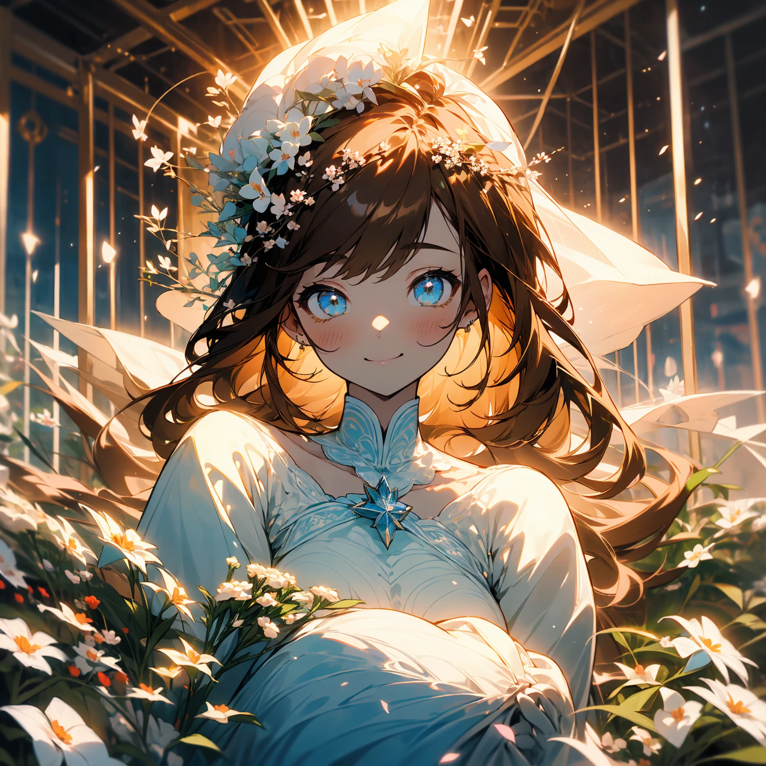 (Beautiful and aesthetic:1.2)、(1 Girl:1.3)、(Brown color hair:1.2)、Wearing a wedding dress、White gypsophila、miracle、happinessそうなsmile、smile、happiness、Gypsophila in full bloom、Fantastic space、