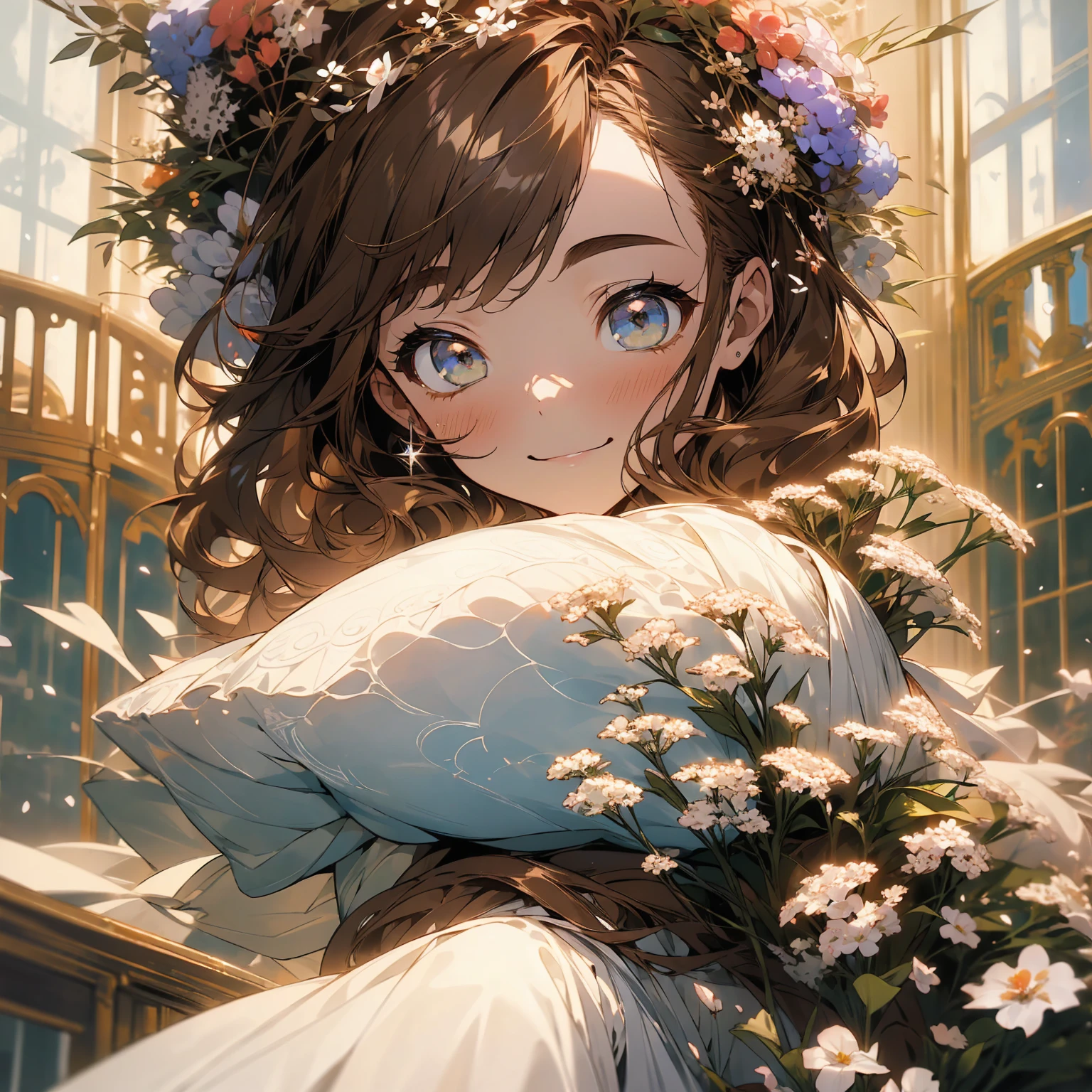(Beautiful and aesthetic:1.2)、(1 Girl:1.3)、(Brown color hair:1.2)、Wearing a wedding dress、White gypsophila、miracle、happinessそうなsmile、smile、happiness、Gypsophila in full bloom、Fantastic space、