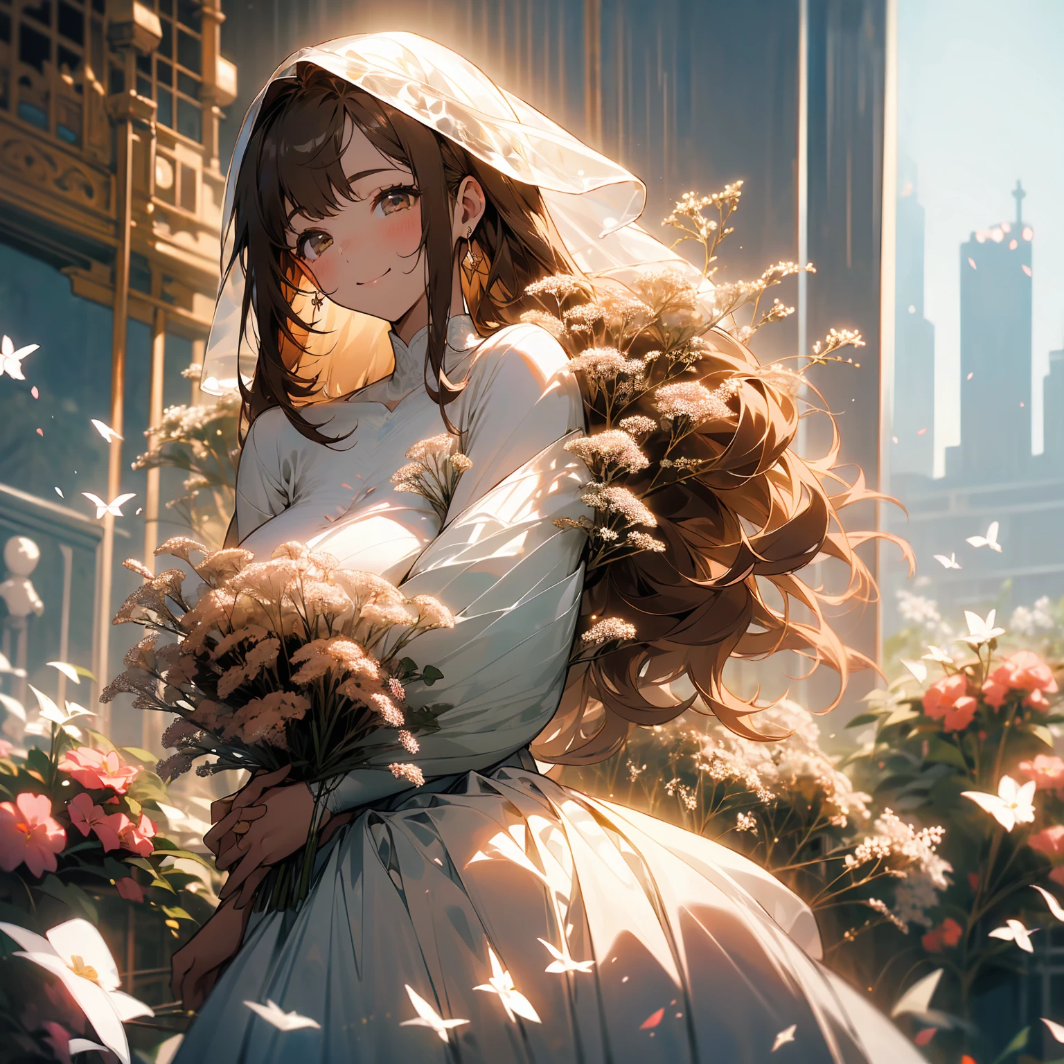 (Beautiful and aesthetic:1.2)、(1 Girl:1.3)、(Brown color hair:1.2)、Wearing a wedding dress、White gypsophila、miracle、happinessそうなsmile、smile、happiness、Gypsophila in full bloom、Fantastic space、