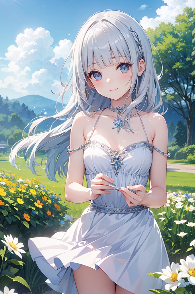 masterpiece, Highest quality, Super detailed, figure, (Realistic:1.3),cute, girl, alone, Silver Hair, Fairy, Blunt bangs, Tube top dress, Fluffy mini skirt,smile, flower, spring,blue sky,Low angle shot,