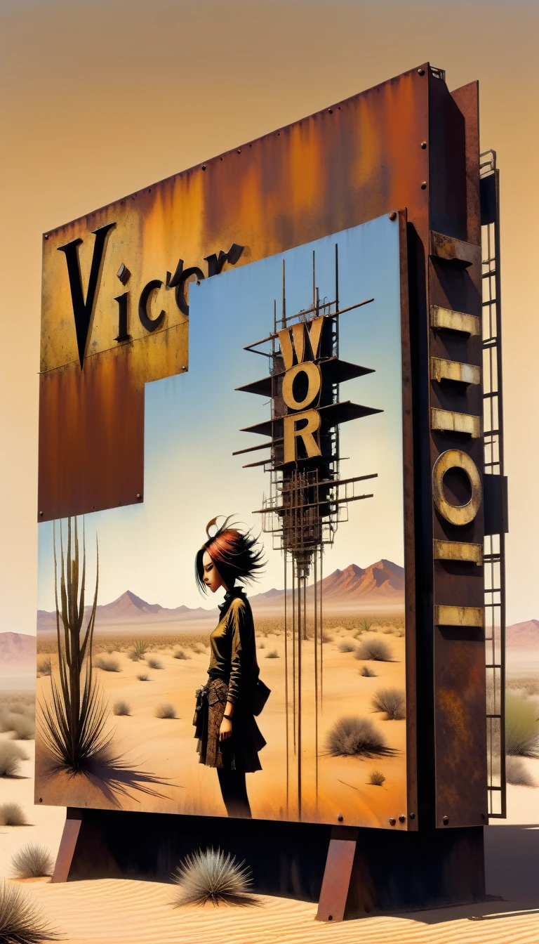 advertising billboard in a desert of rusty metal, some metal letters cover it, ((the text is:"VICTOR OLANO")) (art inspired by Dave Mckean, details intricate, oil painting)