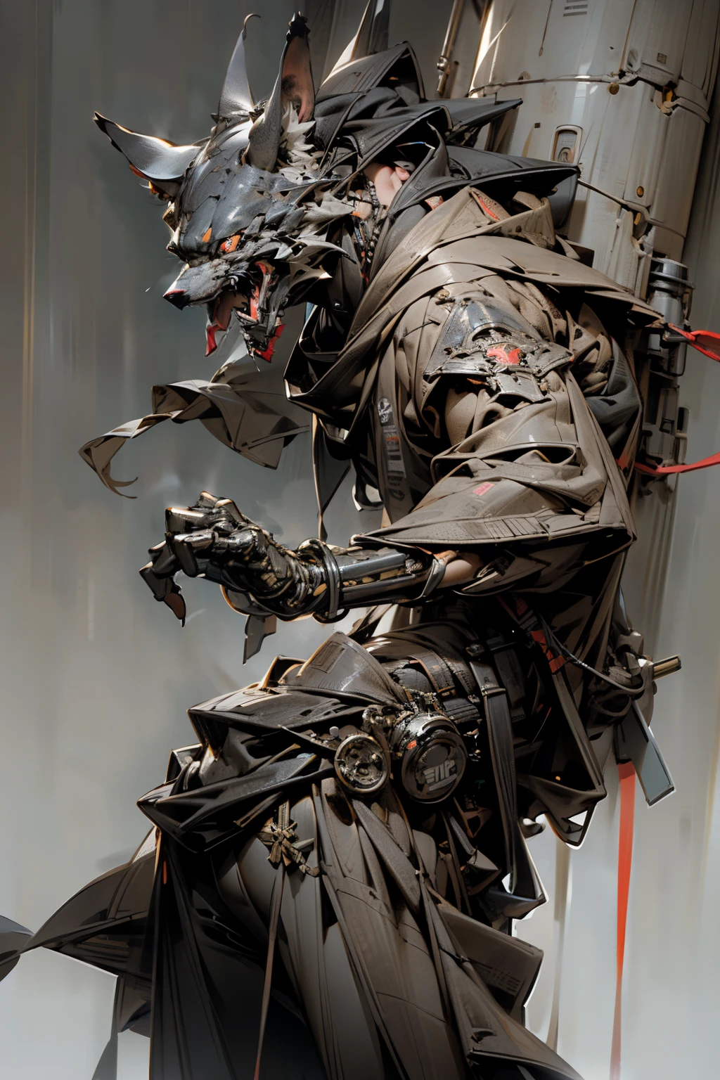 ((Ultra HD)),((Detailed depiction)),A male mecha wearing a wolf mask,Stand Pose,Realistic costumes,Polished,Detailed body,Detailed face,Detailed eyes,Swollen eyes,Highest quality,High resolution,(reality: 1.4),Forward-facing body,(超reality的な),(High resolution),(8K),(Very detailed),(Best illustrations),(Fine grain),(Ultra-detailed),Bright lighting,Professional Lighting,cyber punk,The cord is connected to the costume.,