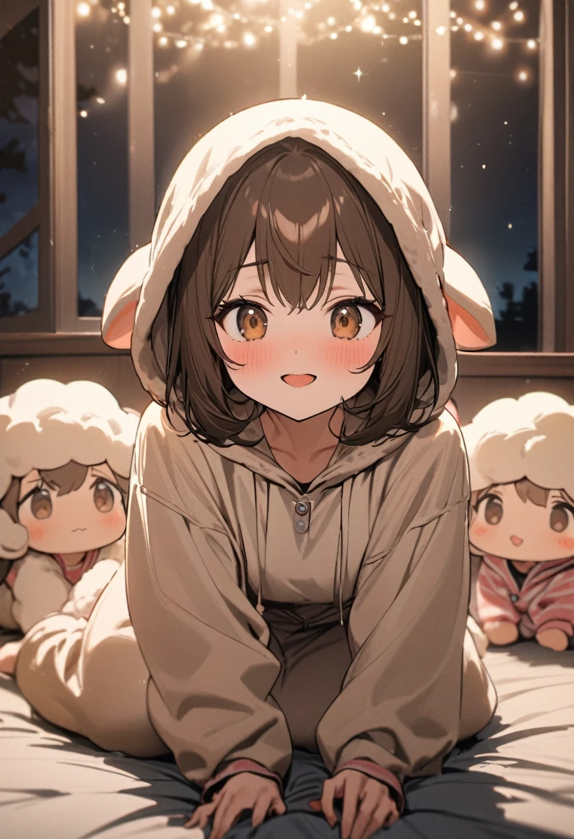 (Kigurumi pajamas style) (triplets girls in a detailed sheep :1.4 hooded, sheep:1.4 kigurumi), (15 yo, straight sbrown hair medium hair cute triplets girls, cute brown eyes, soft smile), break, in the lovely bedroom of night, BREAK, masterpiece, best quality, 16k, beautiful detailed night, daydreaming expression.