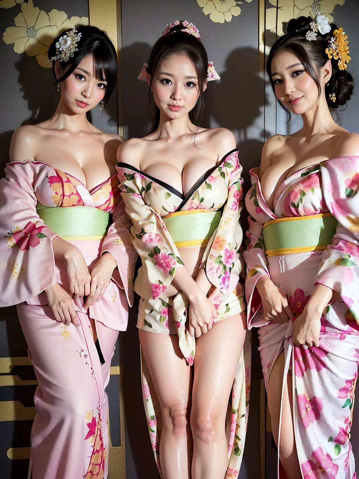 Photorealistic, 2girl、Perfect body、super high quality、Ultra HD、Japanese、(Off-the-shoulder short length floral pattern kimono:1.6)、(Huge breasts:1.1)、(Cleavage:1.5)、Narrow waist、(blonde:1.3)、(Blurred Background)、(Grin)、(Gal-style dark shadow eyeliner:1.4)、(Long False Eyelashes:1.2)、(Gal-style makeup:1.2)、(Thigh lift:1.3)、(Sexy pose:1.3)