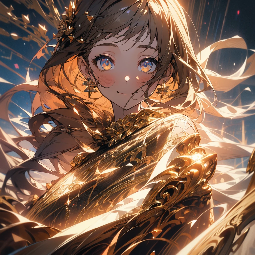 (Beautiful and aesthetic:1.2)、(1 Girl:1.3)、(Brown color hair:1.2)、Wearing a wedding dress、Gypsophila、miracle、happinessそうなsmile、smile、happiness、Gypsophilaが咲き誇る、Fantastic space、(masterpiece, Highest quality, Highly detailed CG, Beautiful fine details, Super detailed, Intricate details:1.2), 8k wallpaper, Elaborate features, (One girl, alone:1.4), Long Hair, Striped Hair, Brown-colored eyes, Earrings, Mysterious,white flame,Landscape painting、wedding、Sacred Space、白いGypsophila