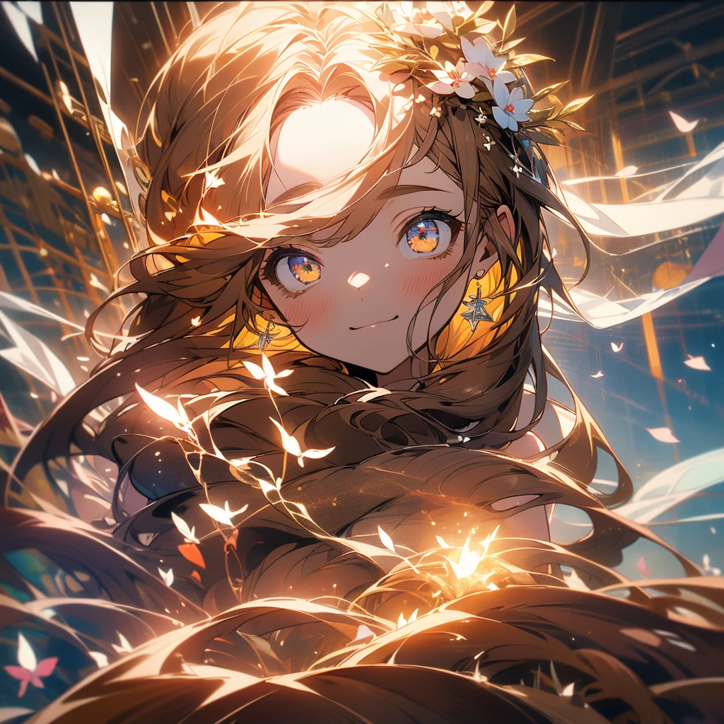 (Beautiful and aesthetic:1.2)、(1 Girl:1.3)、(Brown color hair:1.2)、Wearing a wedding dress、Gypsophila、miracle、happinessそうなsmile、smile、happiness、Gypsophilaが咲き誇る、Fantastic space、(masterpiece, Highest quality, Highly detailed CG, Beautiful fine details, Super detailed, Intricate details:1.2), 8k wallpaper, Elaborate features, (One girl, alone:1.4), Long Hair, Striped Hair, Brown-colored eyes, Earrings, Mysterious,white flame,Landscape painting、wedding、Sacred Space、白いGypsophila