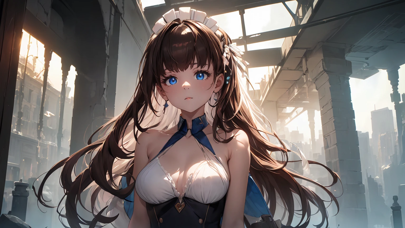 ((((Obra maestra, La mejor calidad, ultrahigh resolution)))), 1girl, standing, (cute maid costume), ((long pure brown hair, hair over eye)), long hair cut, pale skin, ((red eyes)), glowing_eyes, neon eyes, (ultra detailed eyes:0.7, beautiful and detailed face, detailed eyes:0.9), ((centered)), smile, ((wide shot)), facing viewer, ((vibrant background, bright lighting, summer, sunlight)), flat chested, looking at viewer, ((half closed eyes)), ((perfect hands)), (((head:1, arms, hips in view, elbows, arms, legs, in view))), ((hands behind back)), empty eyes, beautiful lighting, ((outside, outdoors)), defined subject, head tilt, (((gritty)), ((creepy)), ((cool)), ((beautiful)), (((SFW))), blue eyes