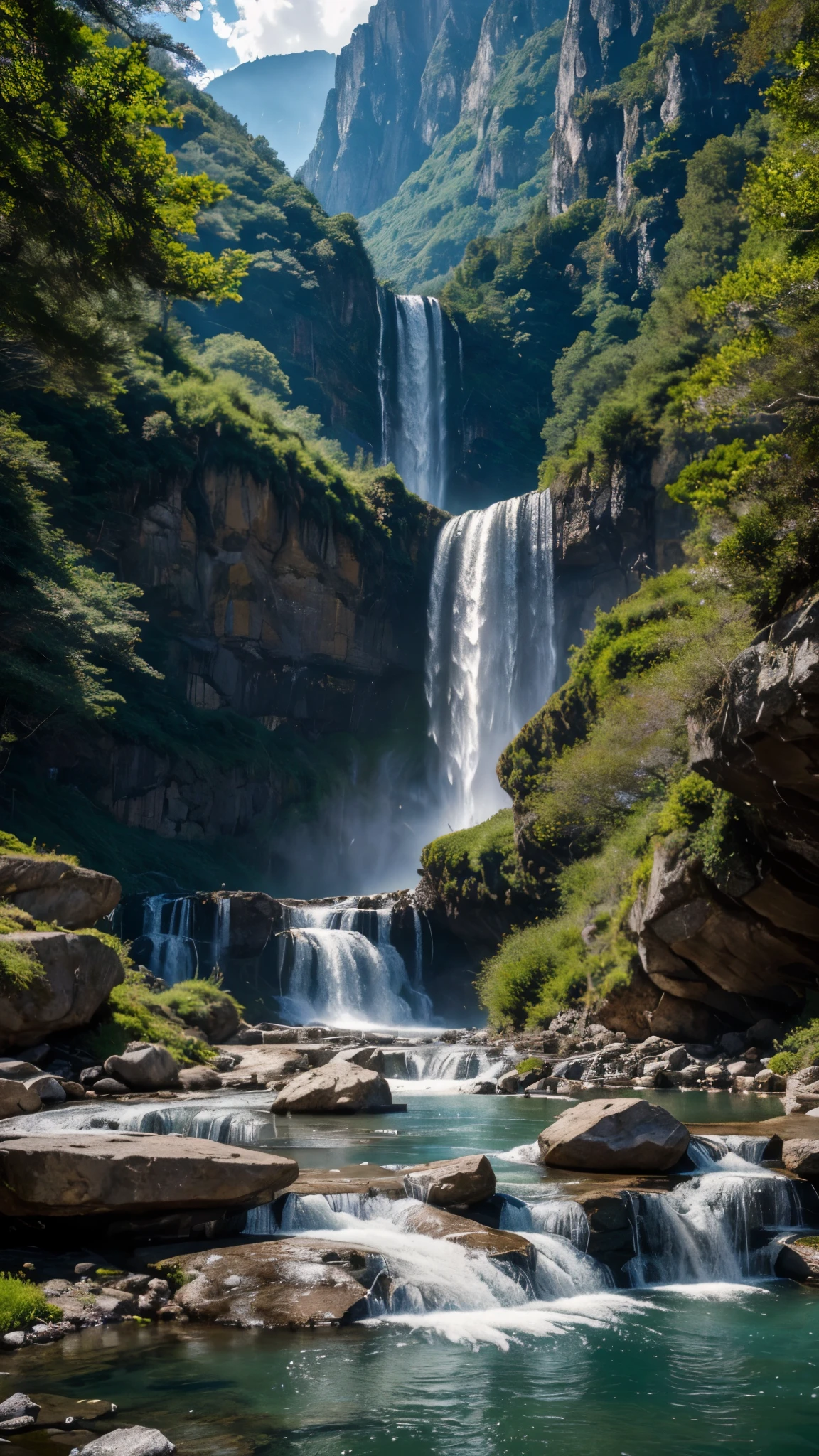 Breathtaking waterfalls cascading down towering mountainsides、It creates a fascinating scene that represents the pinnacle of landscape art.。This 8K CG Unity masterpiece、Showcasing the waterfall in exquisite detail、Each drop sparkles and shines in the bright sunlight.。Theatrical rays of light pierce the cloudy sky、Surrounding mountains々Cast a dramatic shadow on、Enhances the enchanting charm of the waterfall。 The flowing water seems to dance gracefully around the jagged rocks.、Seamlessly transition from a quiet pool to a roaring spring。The artist has captured the essence