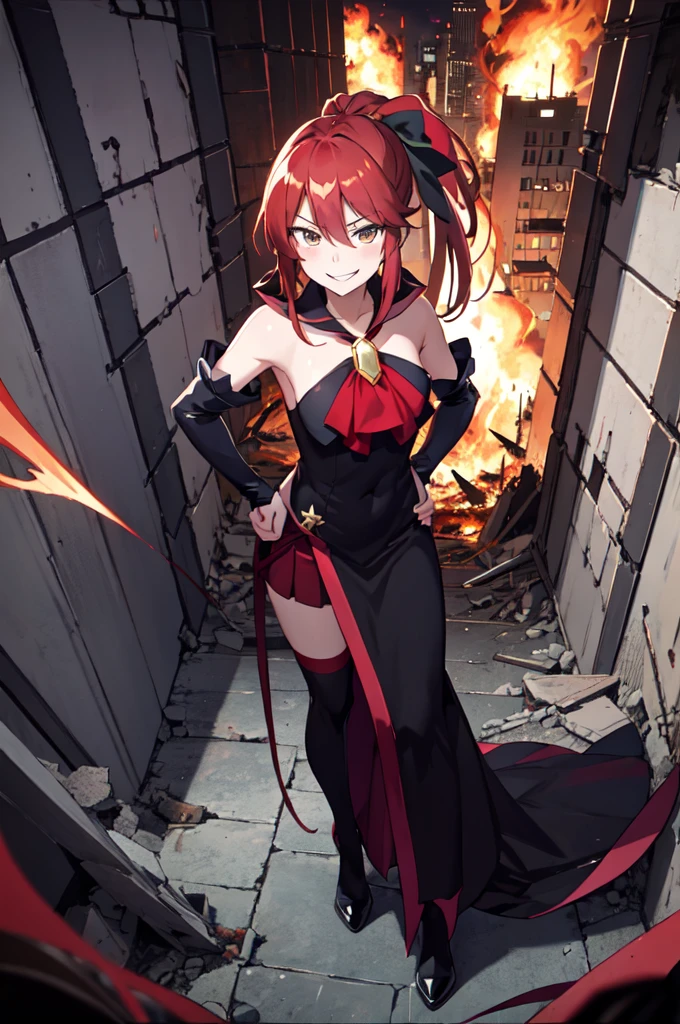 Highest quality, masterpiece, One Girl,Not beautiful, Red Ponytail, Long dress, brooch, Hair Ribbon, - Elbow hand pockets, Black knee socks, Standing on the rubble, Cityscape in a sea of fire, (Wicked Smile:1.1), Hands on hips,,Dark shadowed face,Sadistic smile,Malice,Contempt,smile,latex,Bad face,,Red Skirt,



