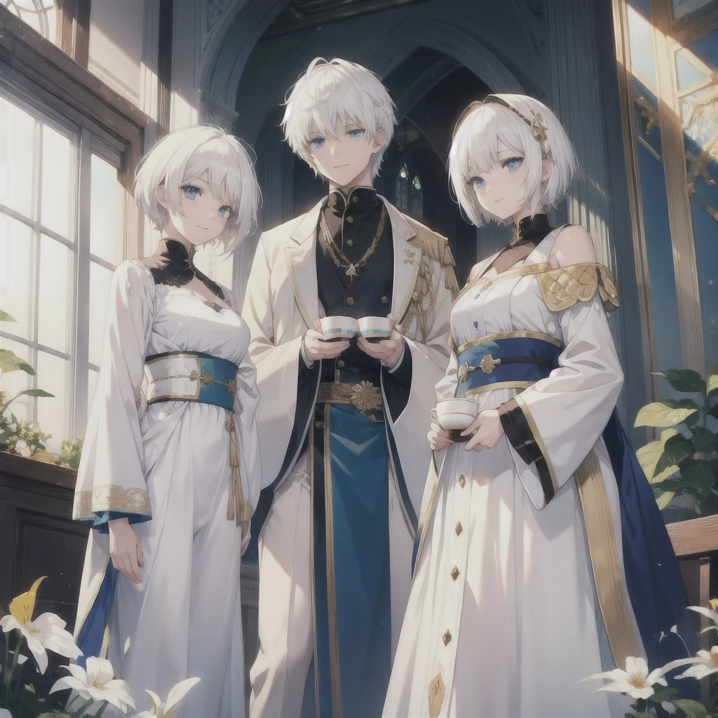 (((White Hair Short Hair blue eyes noble))) ((Noble clothes Drinking tea)) (smile) Shining Edge