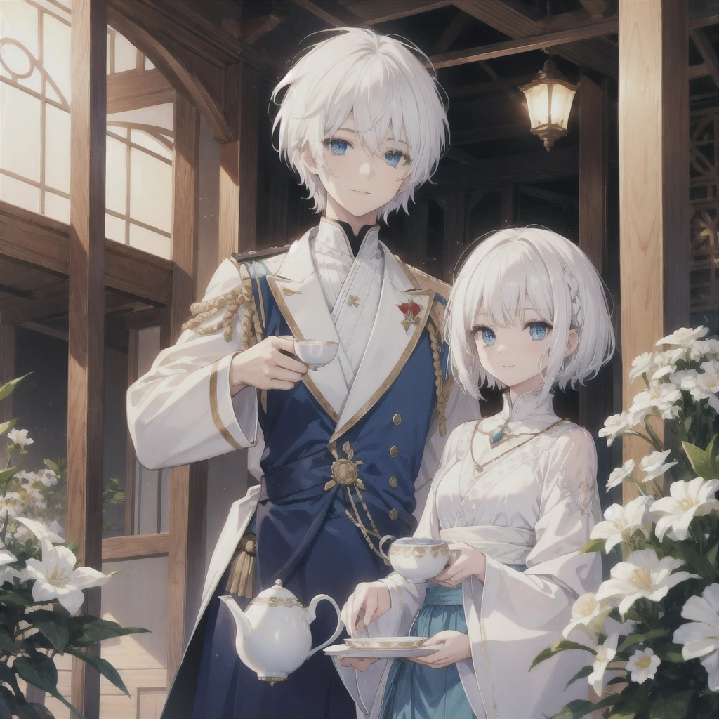 (((White Hair Short Hair blue eyes noble))) ((Noble clothes Drinking tea)) (smile) Shining Edge