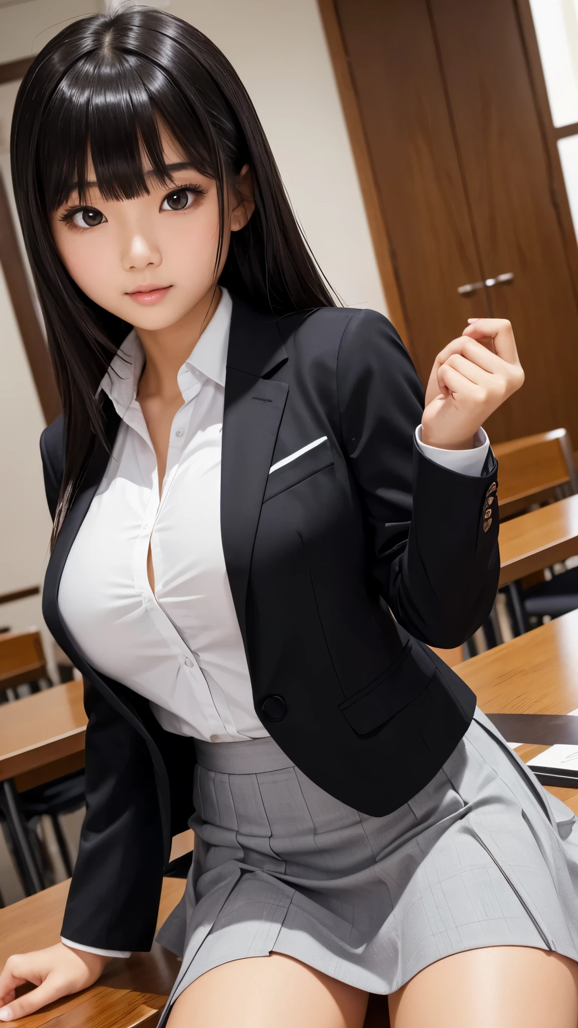 ((high quality)), ((Tabletop)), (Detailed face), (highlight),　Asian Girl、Big breasts、thigh、Black Hair、Heavy bangs、high school girl、skirt、blazer、