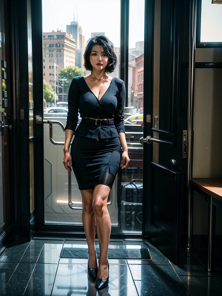 OL、Beautiful girl、Outstanding style、nice body、glamorous、、navy blue business suit、Skirt、Garter belt and black 30 denier stockings、High heels、office、standing、The whole body is visible, (mature woman), 45 years old, (black short hair), black laced stocking, 