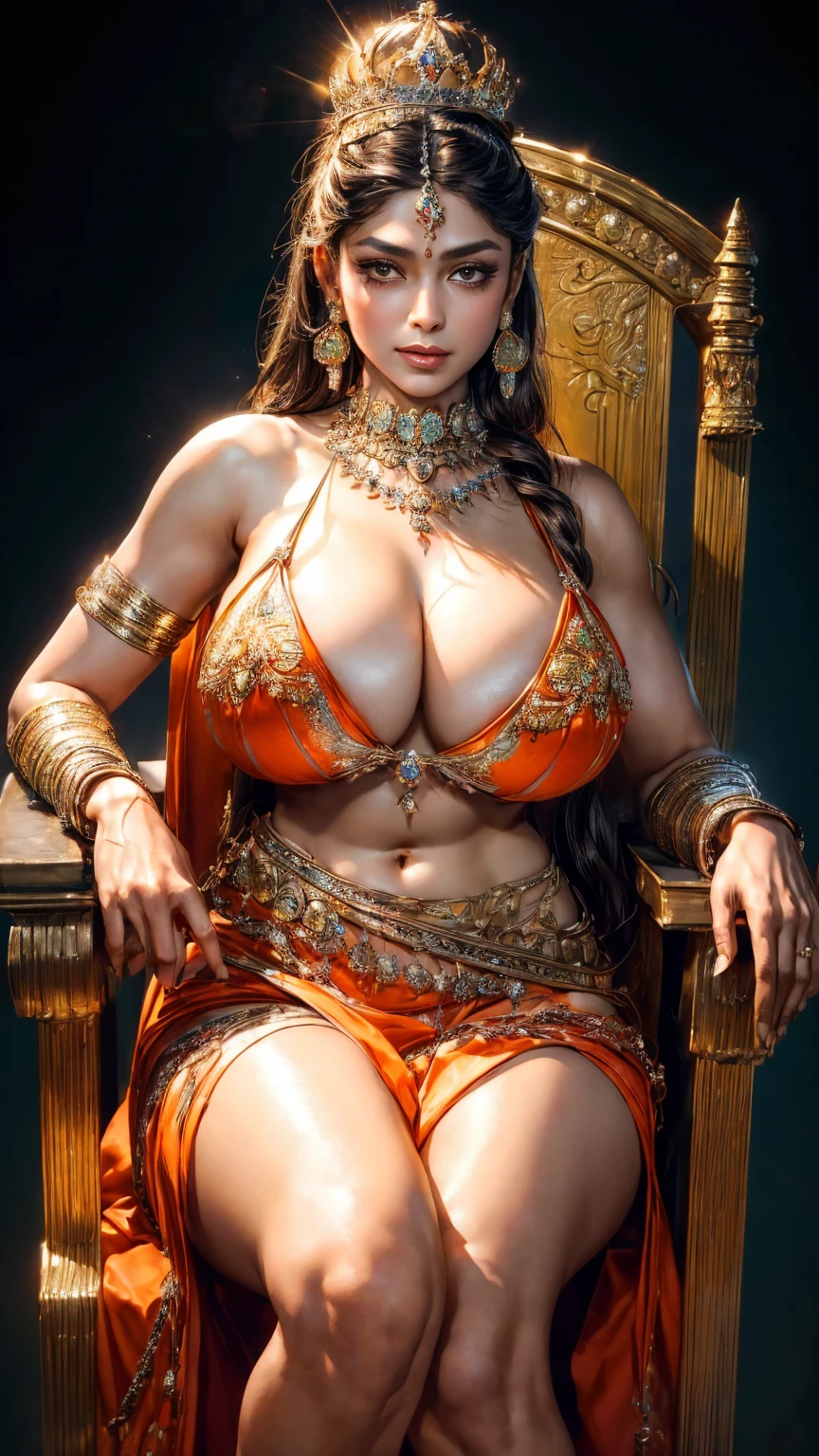 (A beautiful queen Goddesses, plain background, photoshoot, detailed face, athletic , navel,cute dress), (Photorealsitic:1.4), Raw , Sharp Re, Nikon D850 Film, Stock Photo , F1.6 Lenses Rich Colors ,Hyper Realistic, Life Like Textures, Dramatic Lighting ,Unreal Engine , ((Super Realistic Details))、Global Illumination, Shadows, Octane Rendering, 8K, Ultrasharp, Highly Detailed, Realistic Light, Ink Color Art, Ink Sketch Art, thong strings ((huge perky breasts, deep cleavage 1.8, thick thighs)) smiling , ((orange , diamond studded, magnificent embroidered dress, armored plates, ))((lots of jewelleries, 3 long necklace, earrings, waist chain, pearl chains)) ((oily skin, oily body, shiny skin))woman, sitting, legs crossed, ((hands on waist)) ((sitting on throne , huge magnificent throne, palace background))((netted queen deess)