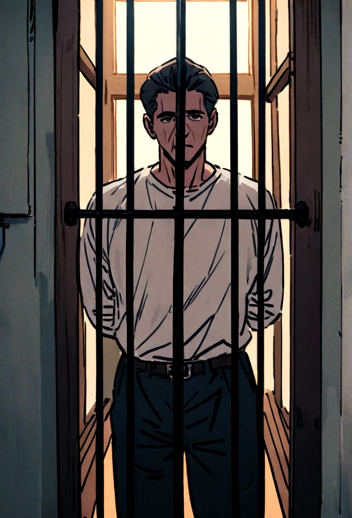 I want a photo of a man in prison that shows his face well while he is physically weak and behind bars