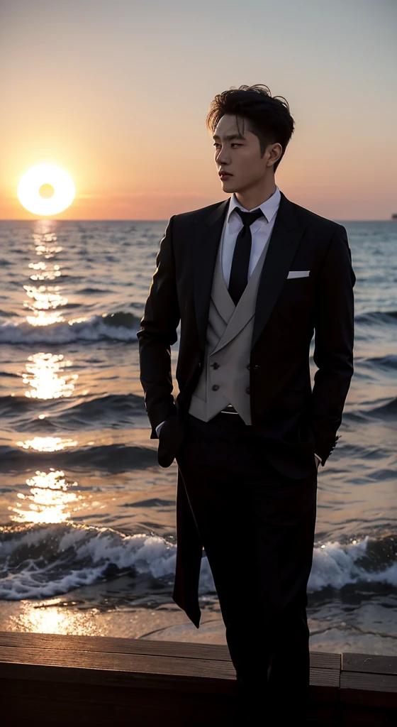 He stood on the deck,Wear a black suit,Black shirt,black tie,Overlooking the sea and sunshine, with sunset, sunset, With the sunset,, gorgeous romantic sunset, Cinematic full shots, photo shoot, sunset, Stills, asian man, cool movie poses