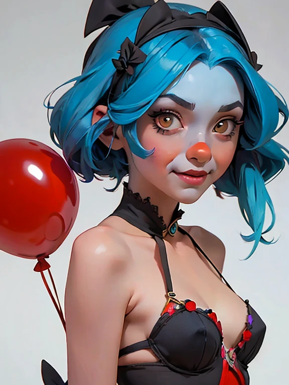 A clown with blue hair and red clown make-up、Surrounded by red balloons, Cutecore Pierrotcore, 不気味なClown Girl, Scary Clown, Clown Girl, Detailed painting 4k, Portrait of Des Pierrot, Artstation Contest Winner, Goth Clown Girl, deviantart artstation cgscosiety, cgsociety contest winner!!, cgsociety contest winner!!!, y 2 k cutecore crowncore,whole body
