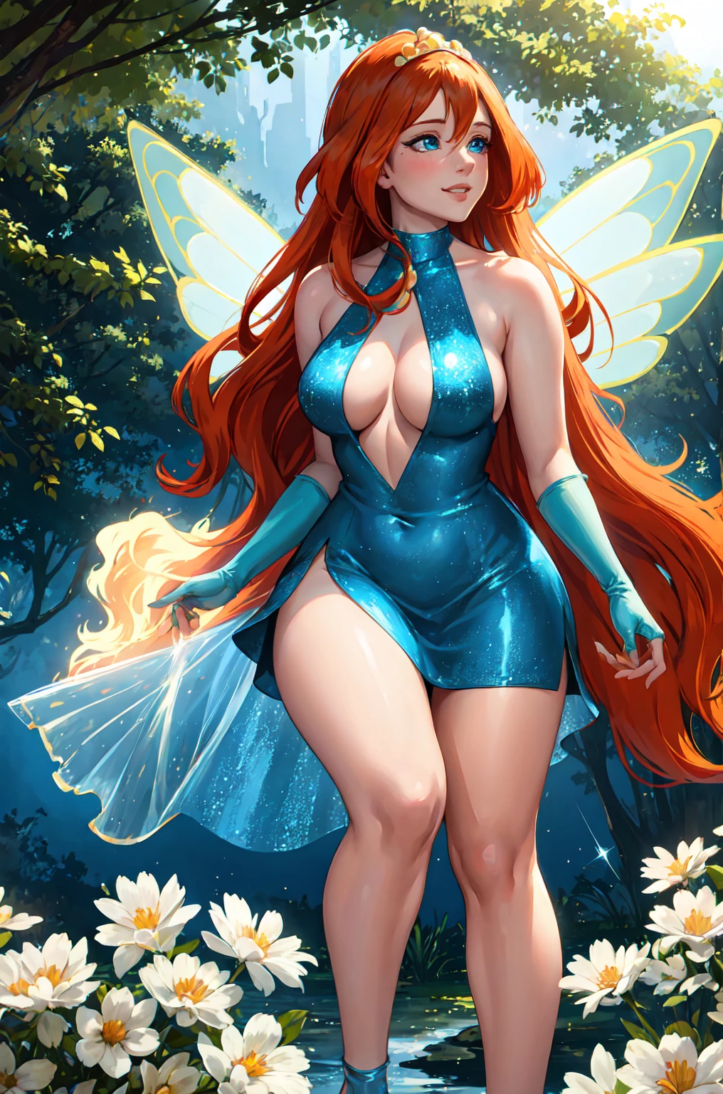 masterpiece, best quality, ultra-detailed, Bloom, milf, mature face, tall, thick, orange hair, blue eyes, bangs, long hair, fairy outfit, blue lingerie, sleeveless, blue skirt, sparkling clothing, fairy wings, tiara, standing, smile, in the forest, cowboy shot, realistic, volumetric lighting, intricate details, tonemapping, sharp focus, hyper detailed, Hot cleavage, Big breasts, 