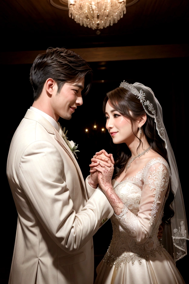 Handsome groom holding hands and looking at his beautiful bride passionately
