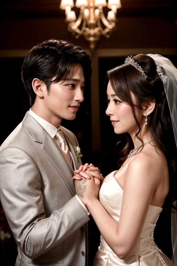 Handsome groom holding hands and looking at his beautiful bride passionately
