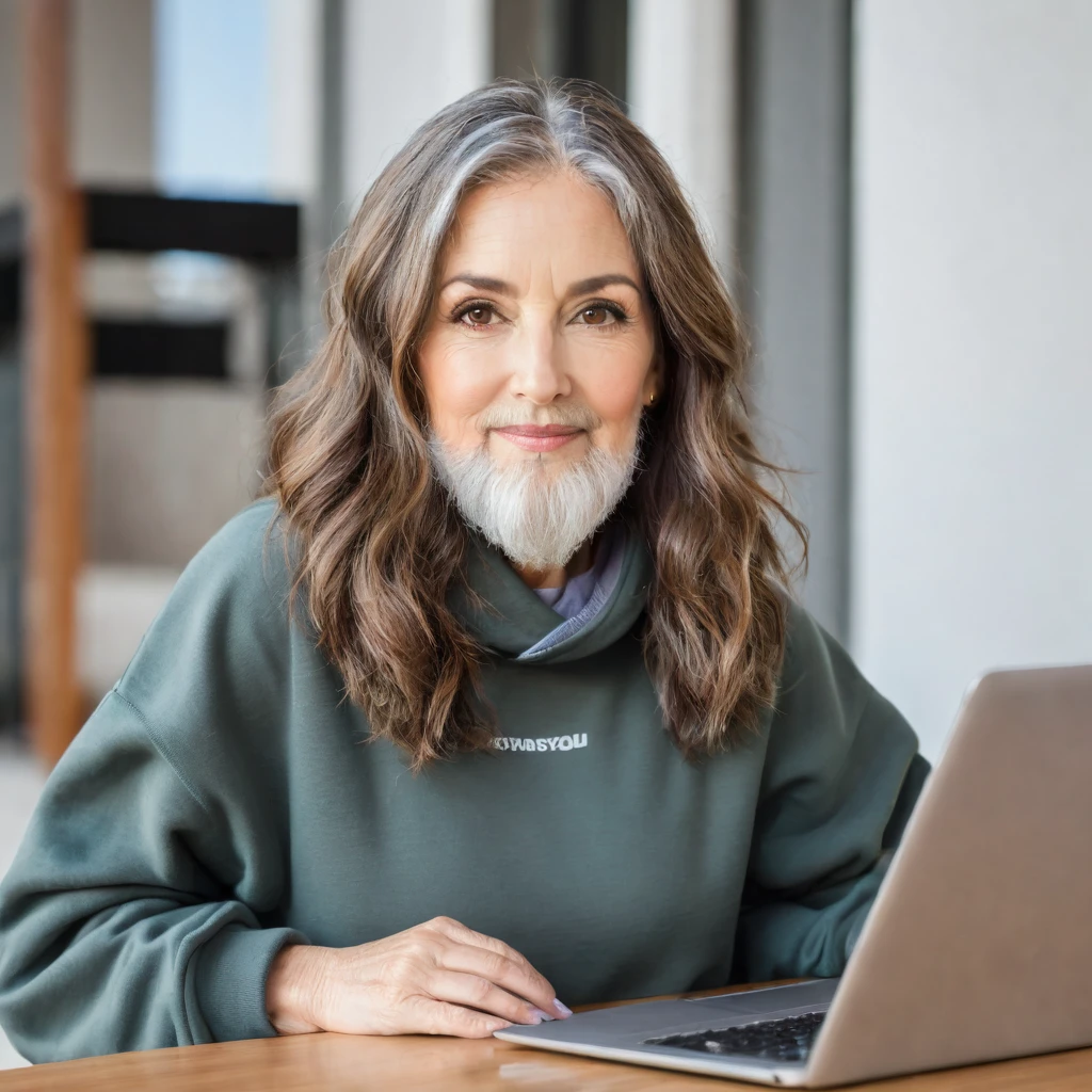 woman with a big gray beard, bobbed brown hair, hazel eyes, large rounded nose, behind her laptop, dressed in sweatshirt