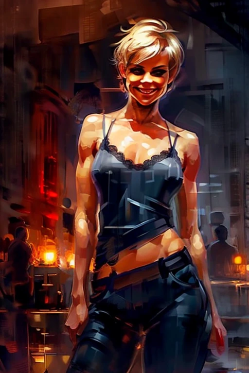Athletic blonde woman, (short hair), tomboy, cute, ((smile)), Smoky eye, mascara, sheer lace camisole. Sexy. Masterpiece, (highly detailed:1.2),(detailed face and eyes:1.2), 8k wallpaper, Moody lighting. core shadows, high contrast, bokeh