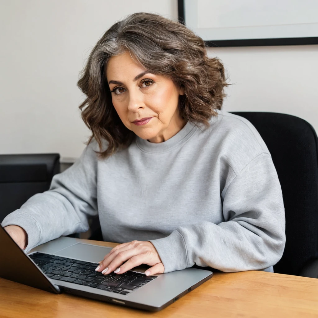 woman with a big gray beard, bobbed brown hair, hazel eyes, large rounded nose, behind her laptop, dressed in sweatshirt