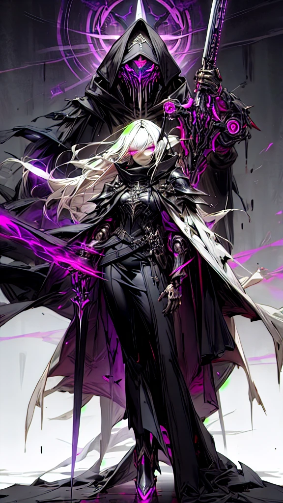 Dark_Fantasy, Cyberpunk, (Black Purple: 1.1), 1 Man, Mechanical Marvel, Robot Presence, Full Body, Armor Dress, White Hair, Long Hair, Shawl, ((Black Coat)), Glowing Eyes, Purple Eyes, Expressionless, Mecha Long Skirt, Holding a Weapon, , Beautiful Necromancer, Dark Cloaked Necromancer, Beautiful Death, Dark Witch Character,