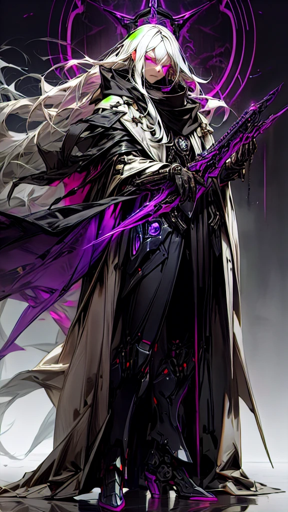 Dark_Fantasy, Cyberpunk, (Black Purple: 1.1), 1 Man, Mechanical Marvel, Robot Presence, Full Body, Armor Dress, White Hair, Long Hair, Shawl, ((Black Coat)), Glowing Eyes, Purple Eyes, Expressionless, Mecha Long Skirt, Holding a Weapon, , Beautiful Necromancer, Dark Cloaked Necromancer, Beautiful Death, Dark Witch Character,