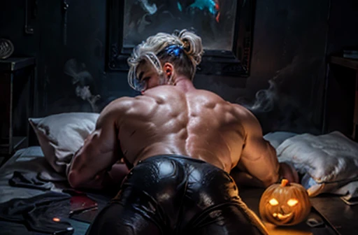 Lying on his stomach puffs of transparent Orange steam gather into the figure of a young man + in tight-fitting tights + aesthetically pleasing + beautiful + high resolution + hyperrealism + professional photo, Young guy, pronounced muscles, fifteen years old, posing, offering himself, tempting, erotic, in a thong, erotic, provocative Halloween costume, Rear top view, European appearance , daring, brutal hairstyle, large voluminous elastic lush buttocks, torn fabric exposed, ART painting, white hair, attractive uncovered male figure, full-length silhouette, image of insidious seduction, professional photo,