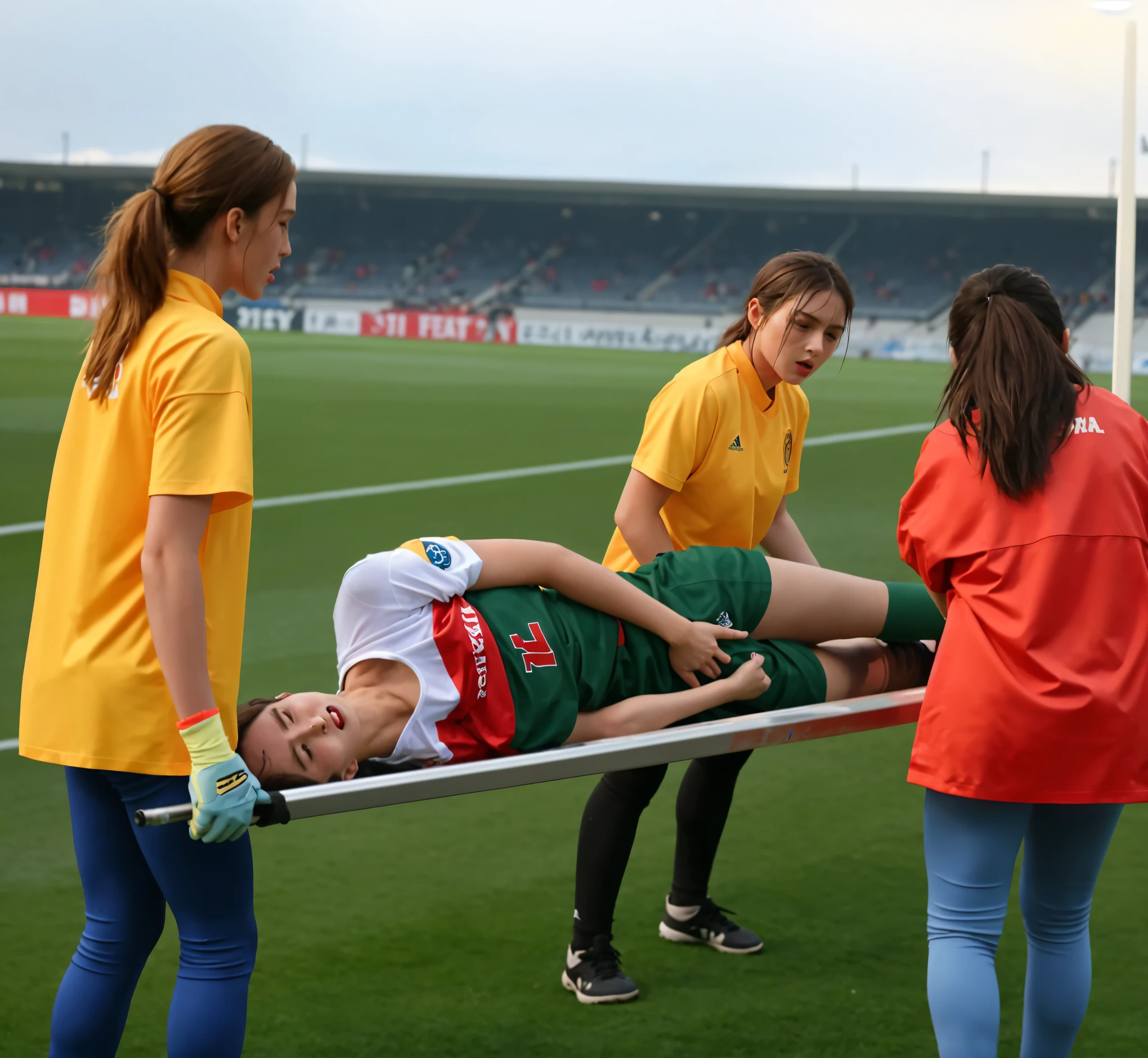 a soccer scene in a german sports stadium, injury scene in a sports stadium, stretcher carry, an injured soccer player is lying head first on his back on a stretcher and is covering his head with the hand, there are four young schoolgirls in shiny leather-trousers carrying a stretcher, there are four longhaired schoolgirls in high-shine latex-leggings who are carrying a stretcher in a german sports stadium, there is a wounded male soccer player in a short sports outfit lying head first on the stretcher, an injured male soccer player is lying head first on his back on a stretcher and is covering his agonised face with a hand, a soccer player is rearing up in intense pain while lying head first on his back on a stretcher and covering his head with a hand, dramatic scene, theatralic posing scene, dramatic pity scene, injury soccer, first aid, help, pity, there are four very angry looking schoolgirls in shiny latex-trousers who are looking very sad and very terrified and very shocked, the injured soccer player is screaming out in pain while he is carried from the pitch on a stretcher