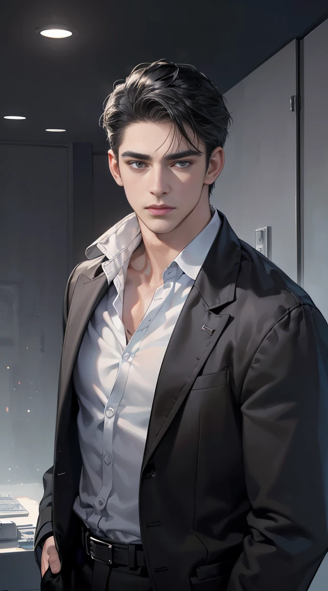 (best quality, masterpiece, 8 thousand, realistic, cinematic lighting, 1:4 HDR images, very detailed, beautiful photoature man, very handsome, ((cold expression)), black short hair, black eye, A perfect face without any mistakes, ((Buttoning my jacket, chief executive))