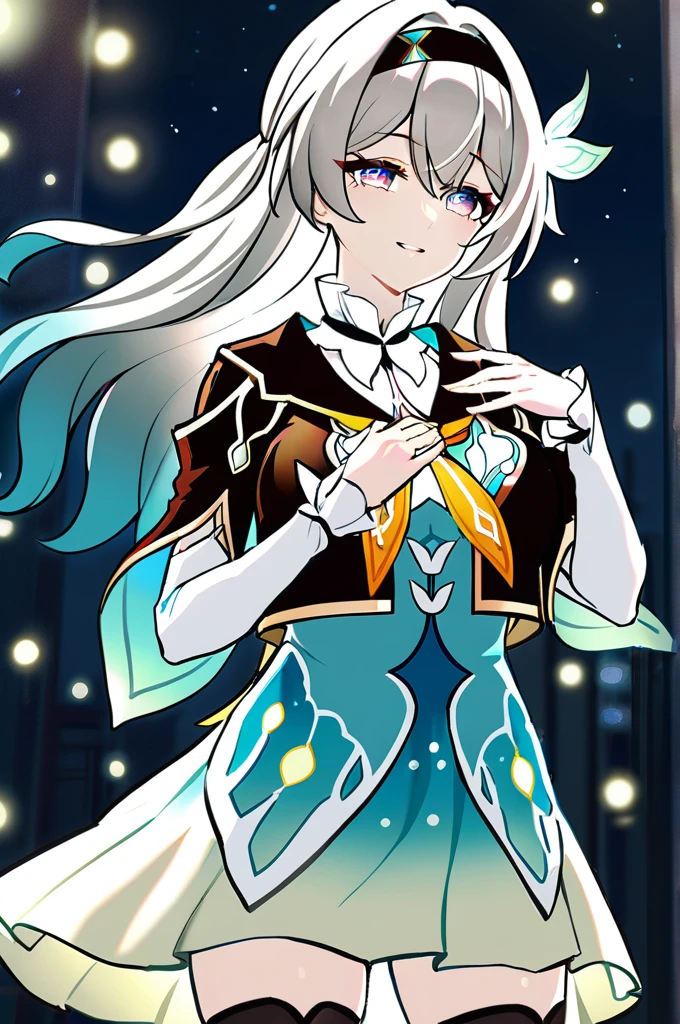 1girl, firefly \(honkai: star rail\), solo, black thighhighs, hairband, gradient skirt, hair ornament, blouse, frilled collar, cropped jacket, yellow neckerchief, cowboy shot, standing, floating hair, depth of field, hand on own chest, crying with eyes open, light smile, bokeh, fireflies, night , masterpiece, best quality, high quality, highres, ultra-detailed,