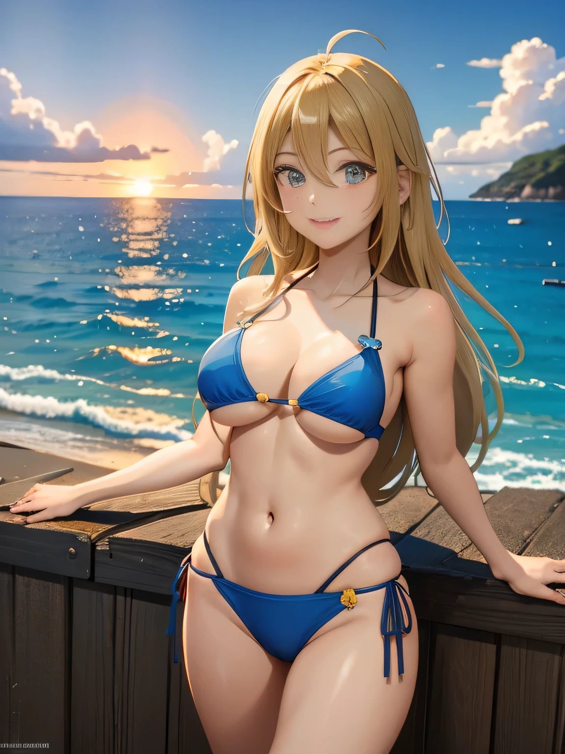 A gravure idol posing for a photoshoot, wearing a stylish ??????. She is standing on a beach with the ocean and a clear blue sky in the background. The idol has a cheerful and confident expression, with her long blonde hair flowing in the wind. The setting sun casts a warm glow, enhancing the vibrant and energetic atmosphere. The image is in anime style, capturing the beauty and charm of the gravure idol in a picturesque seaside setting with vibrant colors and exaggerated features typical of anime art.