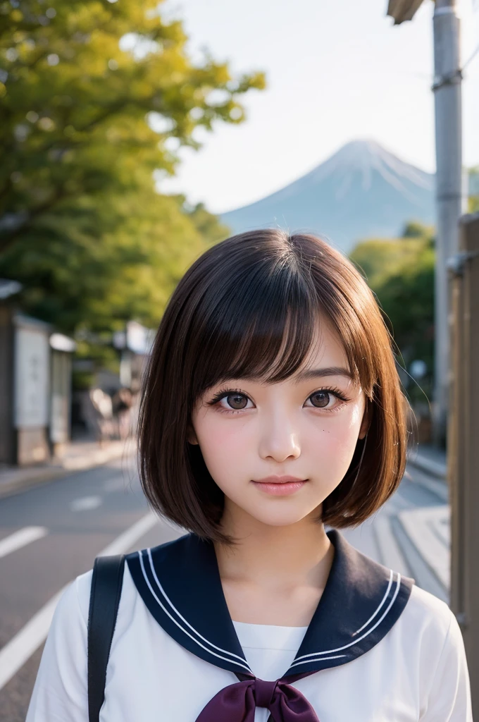 (1 Girl )、(Beautiful Japanese、18years old,round face、Refreshing、clear、seems kind、stylish、Pitiful、cute like an angel、cute、black eyes、(Single eyelid:1.6)、Beautiful skin), {(Japan human face:1.4),(General facial features)} , (((Beautiful breasts:0.4))),(((soft breasts))),(very cute),(short hair),(enchanting eyes),(highlight on eyes:1.2)、(8K、Live shooting、highest quality、masterpiece:1.2、optimal lighting)、((masterpiece)),(Photo taken by a professional photographer),(real、photo real:1.4),BREAK,{(cute Japanese high school sailor uniform),((traditional Sailor Suit:1.0))},(cheeks are red:1.3), BREAK, BREAK,Face shot:1.3、 face close-up,Looking at viewer,smile、Japan,morning、Summer、from above、Hair swaying in the wind:1.4,Beautiful Sunrise,View of the mountains in the distance,(((1970s vibe)))