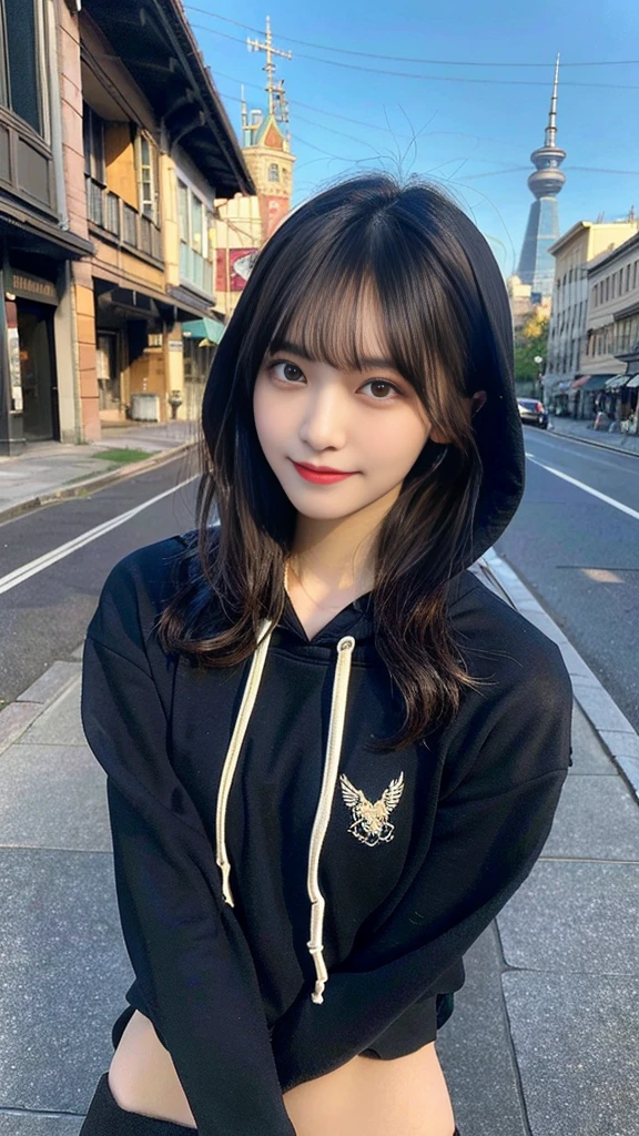 highest quality, Real sticks, super detailed, finely, High resolution, In 8K、wallpaper, perfect dynamic composition, beautiful and fine eyes, black hoodie, bob hair, medium hair, bangs, black haired, middle of chest, natural color lip, The orientation of the body is frontal,smile,Tower Mansion