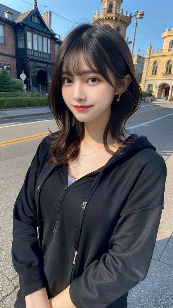 highest quality, Real sticks, super detailed, finely, High resolution, In 8K、wallpaper, perfect dynamic composition, beautiful and fine eyes, black hoodie, bob hair, medium hair, bangs, black haired, middle of chest, natural color lip, The orientation of the body is frontal,smile,Tower Mansion