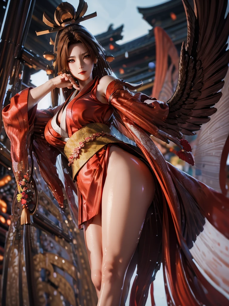 (exquisitely detailed CG unity 8k wallpaper, masterpiece-quality with stunning realism), (best illumination, best shadow), (best quality), (elegant style:1.2), Arti modern anime. angled view, heroic pose, midshot, (cel-shading style:1.3), centered image, ultra detailed closeup portrait of (Mai Shiranui:1) from (King of Fighters), best quality, expressive eyes, perfect face, highres, (ultra details), 1 girl, solo, brown hair, hair ornament, eyeshadow, gold, white and red qipao, highly ornamented, in the city of Japan, portrait, looking at the viewer, piercing eyes, full body, (light from the angle:1) (wind blowing:1.2).(depth of field effects:1.3) (motion action:1.2) (closeup:1.2) (angled closeup photography:1), (motion blur effects:1), wide angles, spreading feet, Thin to transparent,see-through,(((Soggy-kimono:1.2))),Lace fabric, (((water-immersed body: 0.9))),jewelry, relaxing pose, (dress on fire:.7), ((Leaning forward:1))