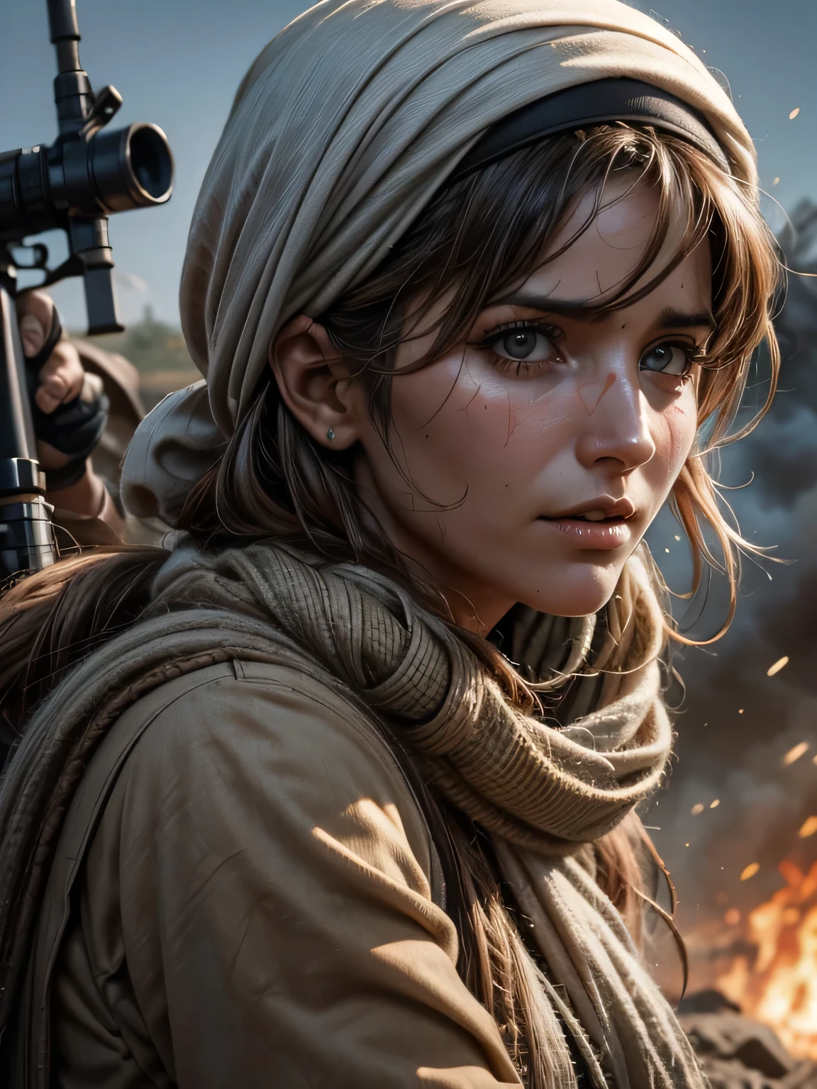 HELEN SKELTON, sexy Taliban fighter in Afghanistan, close-up action shot from ground level, naked Taliban fighter, keffiyeh, calling out, sweating, damp hair, on a bloody battlefield, explosion, fires