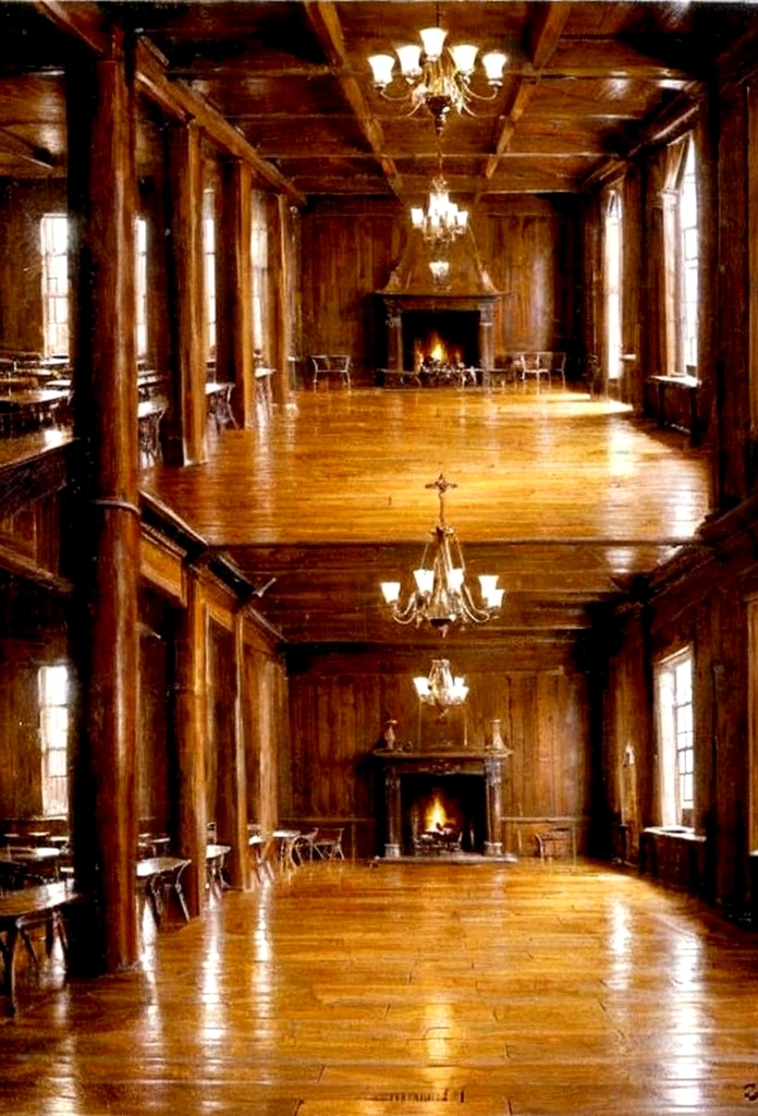 empty dance hall, with bars, wooden floor, chandeliers