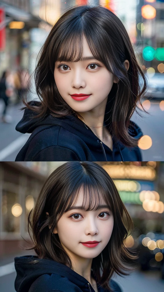 highest quality, Real sticks, super detailed, finely, High resolution, In 8K、wallpaper, perfect dynamic composition, beautiful and fine eyes, black hoodie, bob hair, medium hair, bangs, black haired, middle of chest, natural color lip, The orientation of the body is frontal,smile,Tower Mansion