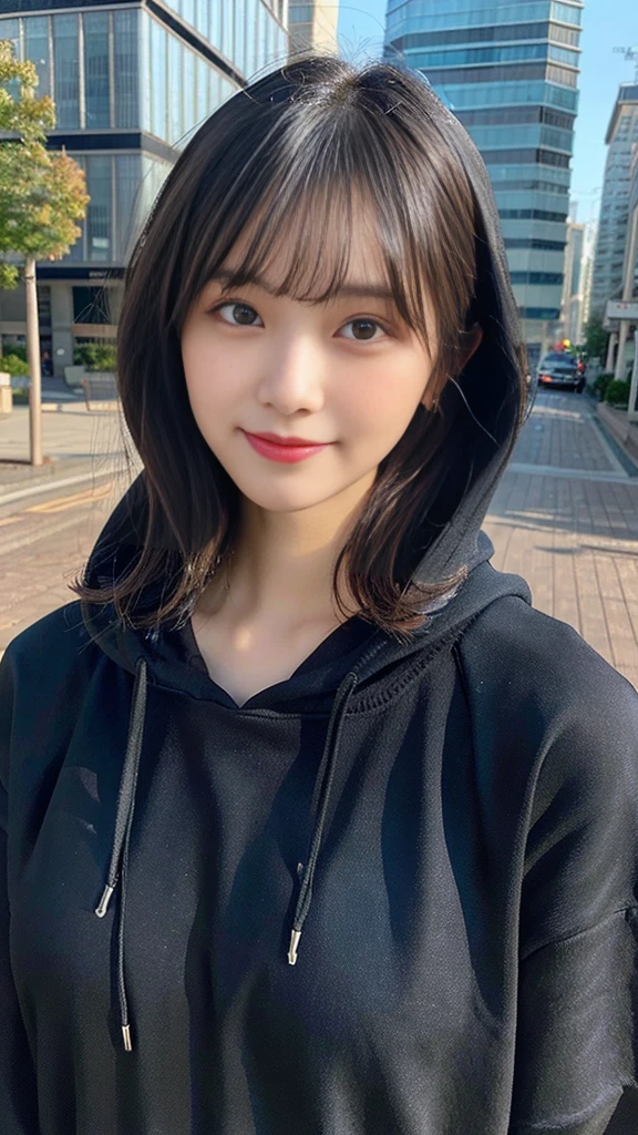 highest quality, Real sticks, super detailed, finely, High resolution, In 8K、wallpaper, perfect dynamic composition, beautiful and fine eyes, black hoodie, bob hair, medium hair, bangs, black haired, middle of chest, natural color lip, The orientation of the body is frontal,smile,Tower Mansion