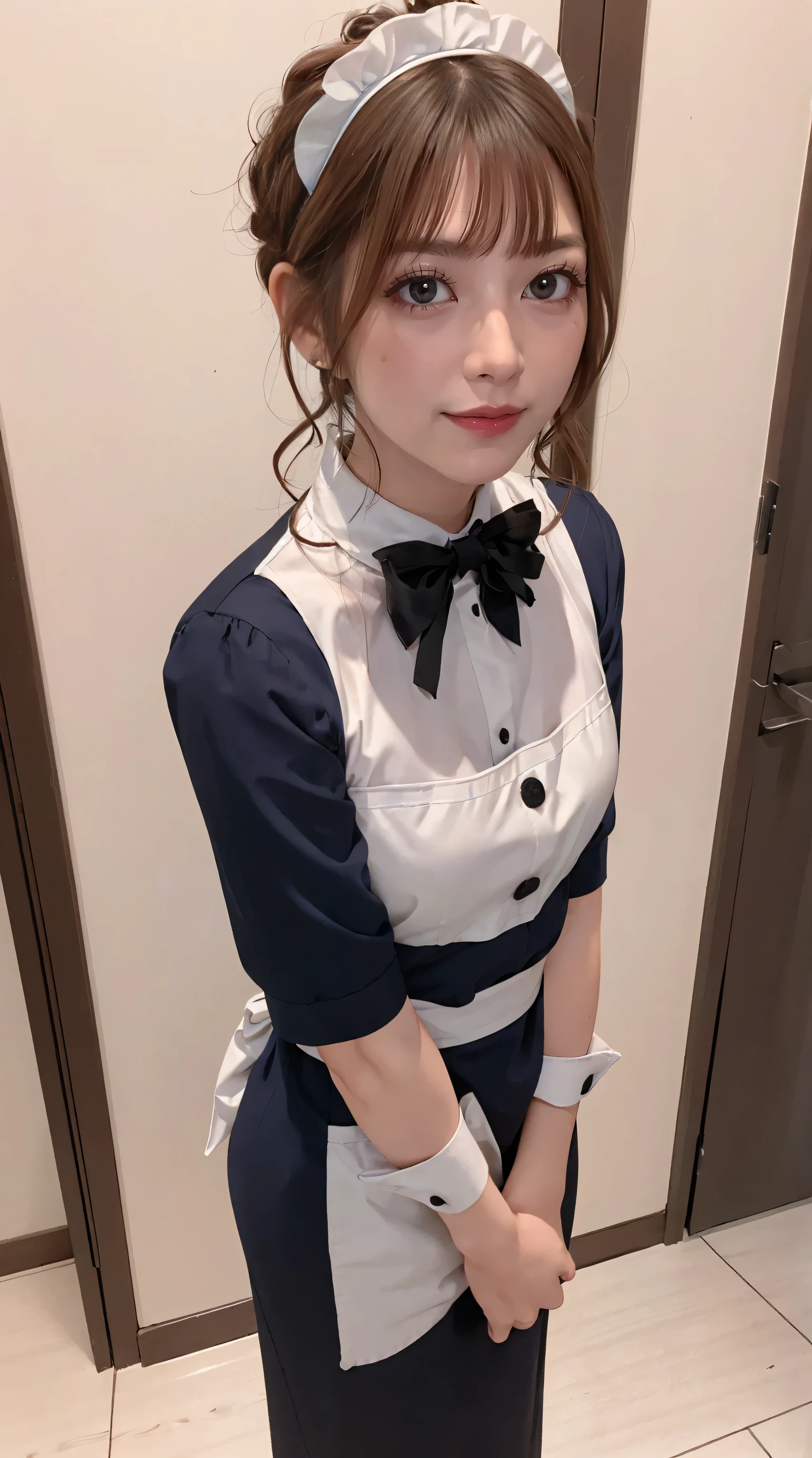 masterpiece, best quality, 4K, ultra-detailed, photorealistic, (1 girl), ((arms at sides)), (full body), (A fascinating eye for perfect detail:1.2), (smile), ((center parted hair)), (medium brown hair), (small breasts), ((maid uniform)), (breasts out), (standing), (front view)