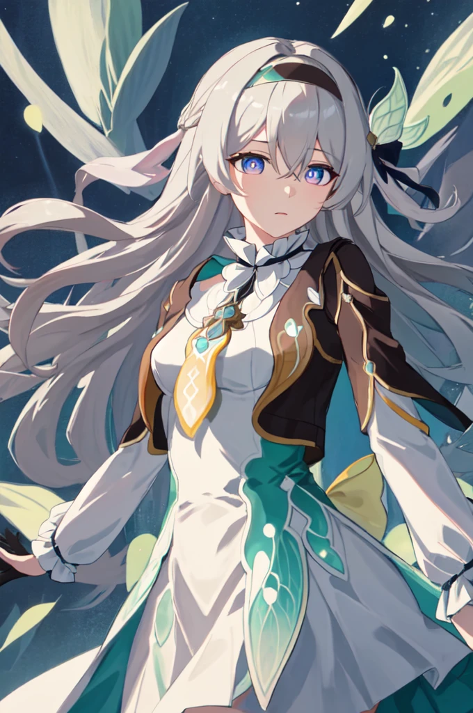 best quality, masterpiece, highres, ï¼firefly \(honkai: star rail\), 1girl, solo, long hair, blue eyes, bangs, dress, long sleeves, hair ornament, grey hair,black hairband, medium breasts, hair between eyes