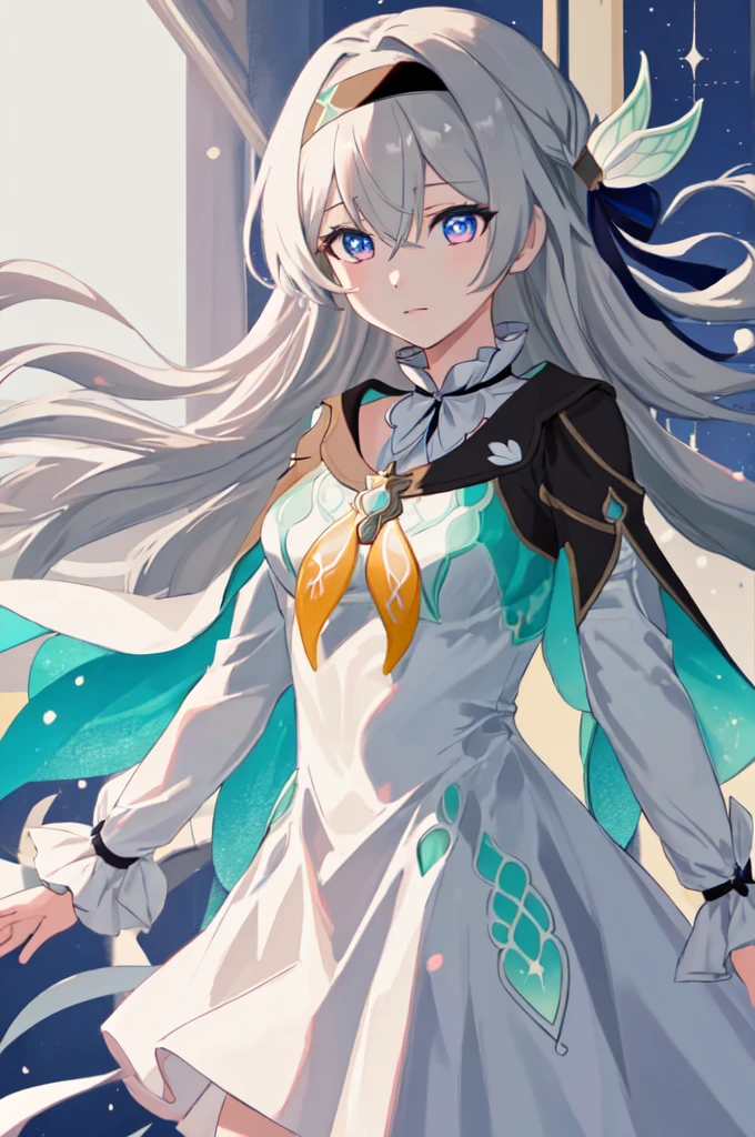 best quality, masterpiece, highres, ï¼firefly \(honkai: star rail\), 1girl, solo, long hair, blue eyes, bangs, dress, long sleeves, hair ornament, grey hair,black hairband, medium breasts, hair between eyes