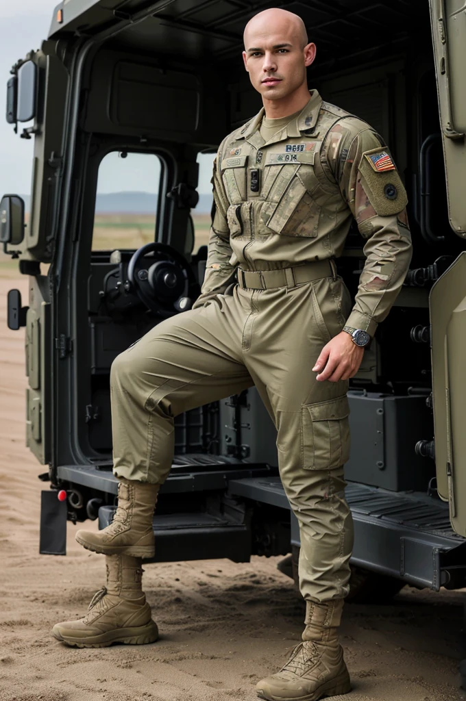 ((8k ((best quality)), ((masterpiece)), (very detailed), real face bald male muscular male full body wear soldier suit  stand by military truck