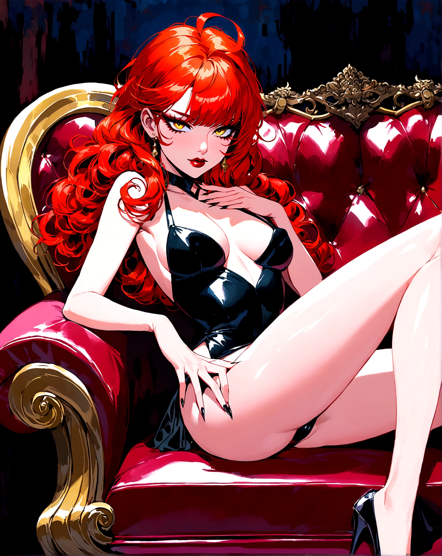 A sultry siren with fiery red locks and captivating yellow eyes lounges seductively on a lustrous crimson couch. This vivid image, reminiscent of a mix between Anime and pulp fiction, is a mesmerizing painting with rich colors and intricate details that exude sensuality and allure. The woman's alluring features are accentuated by her striking pose, drawing viewers in with an irresistible combination of beauty and intrigue.