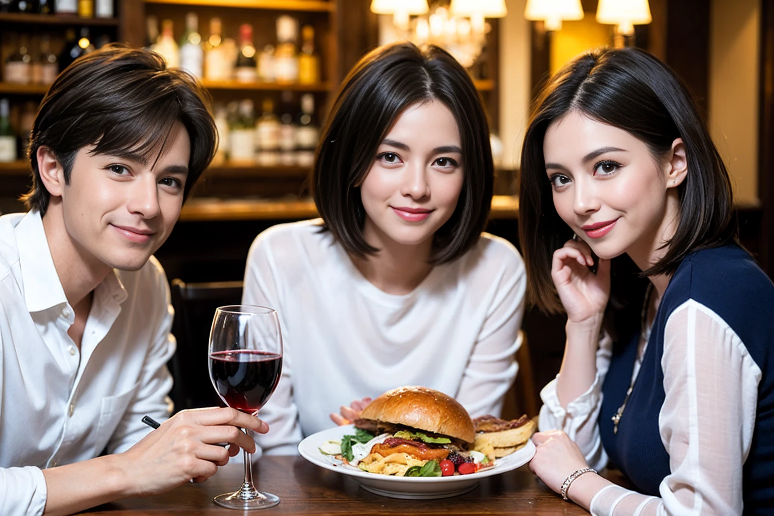 ((Highest quality、8K、masterpiece:1.3))、Sharp focus:1.2、Beautiful woman perfect body:1.4、最高のsmile、1 male 1 female、Beautiful couple、love love love、Lovers in Paris、Good friends、actress couple、smile、Full-course dinner at a packed table、Slim body、Slim body、((Bob Hale、Straight hair:1.2))、(to be born, Highest quality, masterpiece:1.5), (Realistic, Intricate details:1.2), Wine glasses on the table、Put the light on your face、 Amazing view of the sunset sky and clouds、Amazing mountain views、ニコニコ明るいsmile、smileのな女性、Bright image、2. The beauty of wine, Beautiful Face, blue eyes, The light shines on your face, Blushing, short hair,Bright Face、43 years old), 39 years old, Lady、red wine 、Appetizers、Italian food、Wine bottle、Champagne、sparkling wine、Two beauties、Brown Hair、Shortcuts、Long sleeve shirt、dress、